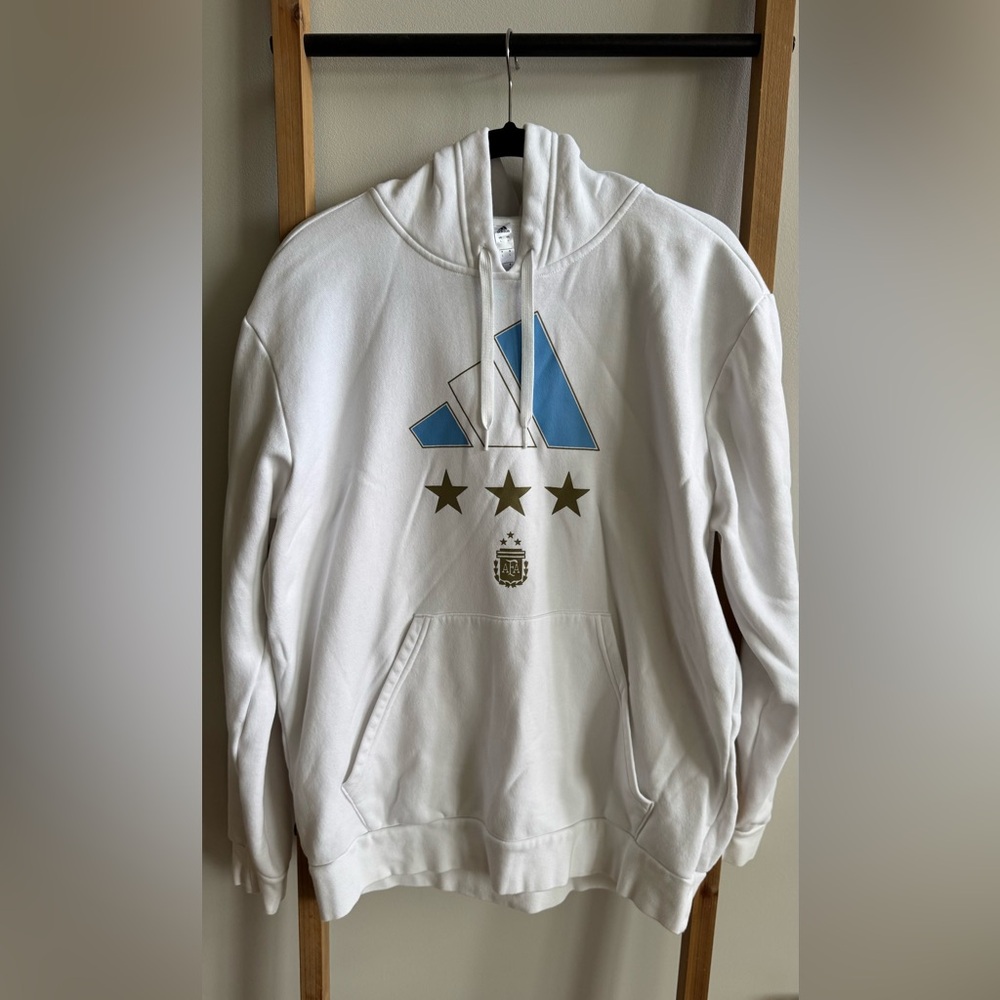 Adidas White Hoodie with Blue and Gold Accents